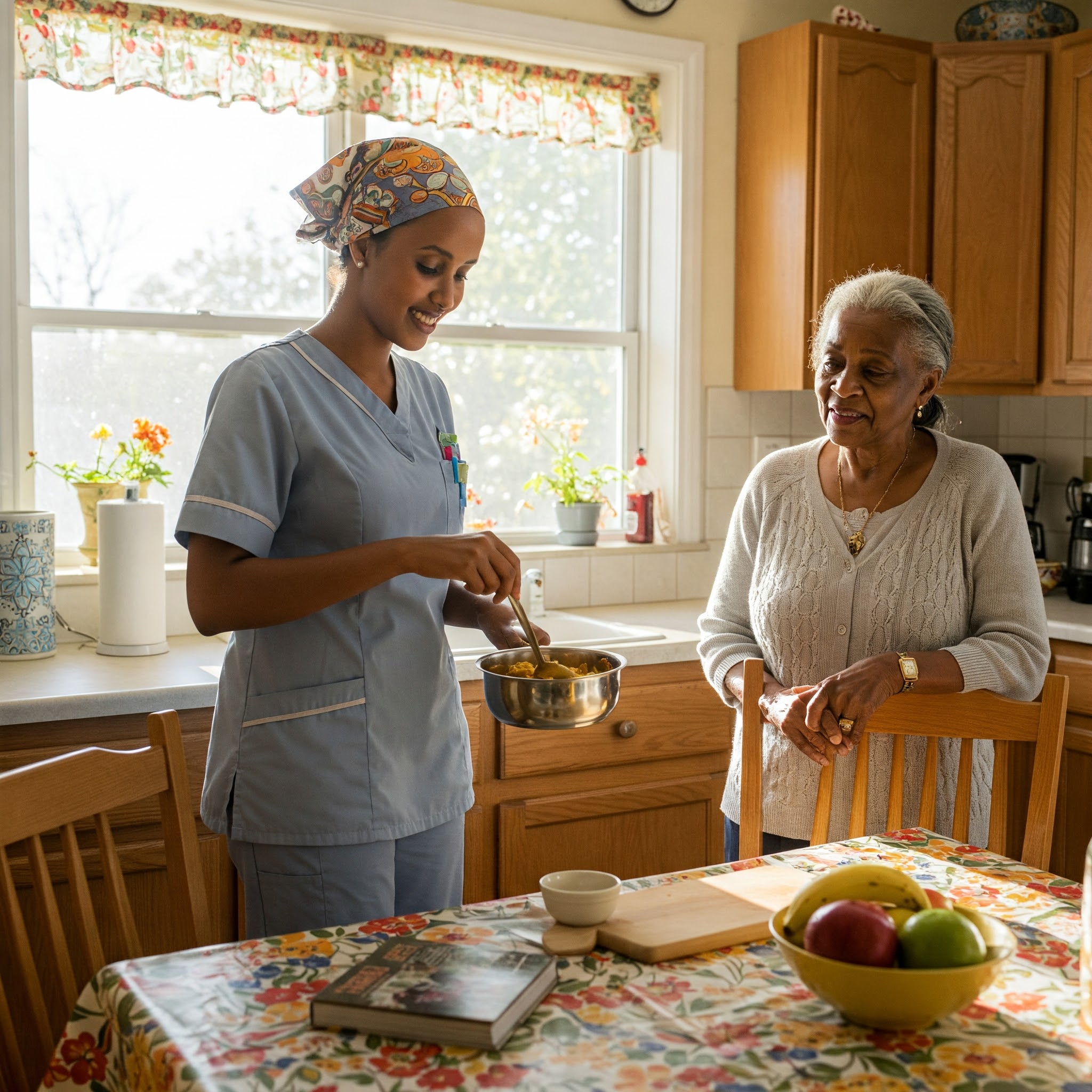 Professional caregiver teaching cooking skills to senior client in home kitchen - HL&C Homecare personalized care services